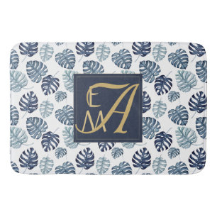 Monogram Tropical Palm Navy Blue Gold Wedding Bath Mat