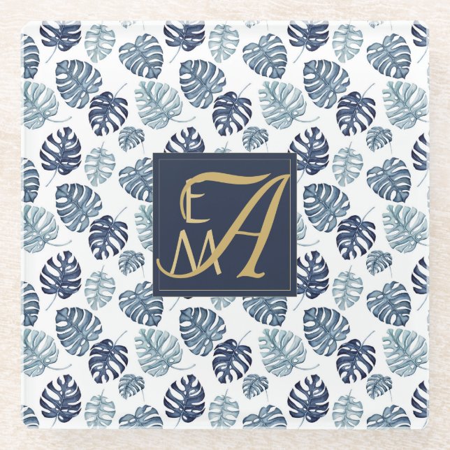Monogram Tropical Palm Navy Blue Gold Wedding Glass Coaster (Front)