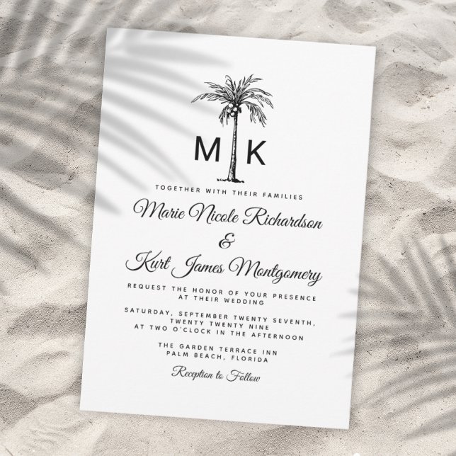 Monogram Tropical Palm Tree Formal Beach Wedding Invitation (Monogram Tropical Palm Tree Formal Beach Wedding Invitation)
