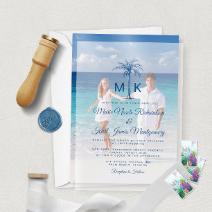 Monogram Tropical Palm Tree Formal Beach Wedding Vellum Invitations