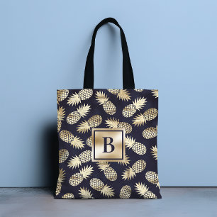 Monogram Tropical Pineapple Girly Gold Navy Tote Bag