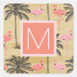 Monogram   Tropical Pink Flamingoes Square Sticker
