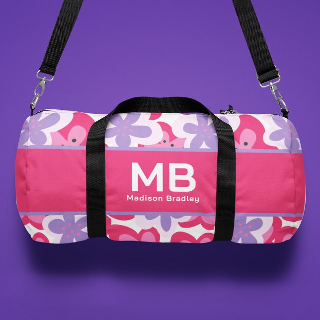 Monogram Tropical Pink Floral Personalised Name Duffle Bag (Creator Uploaded)