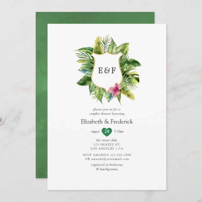 Monogram Tropical Summer Beach Couples Shower Invitation (Front/Back)