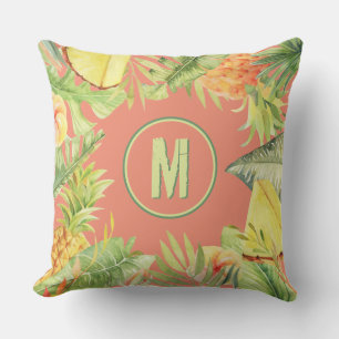 Monogram Tropical Watercolor Flowers Cushion