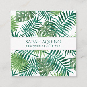 Monogram Tropical Watercolor Palm Leaves Botanical Square Business Card