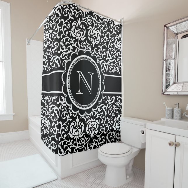 Monogram Tudor Garden Damask Elegant Black White Shower Curtain (In Situ)