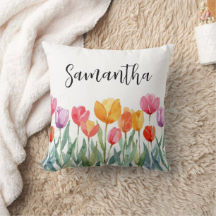 Monogram Tulips Spring Flowers Colorful & Cheerful Cushion