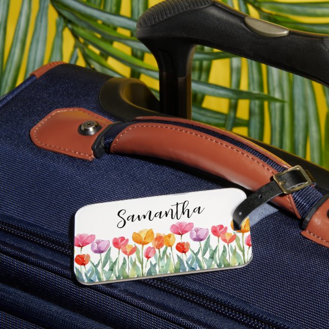 Monogram Tulips Spring Flowers Colourful & Cheerfu Luggage Tag (Front Insitu 3)