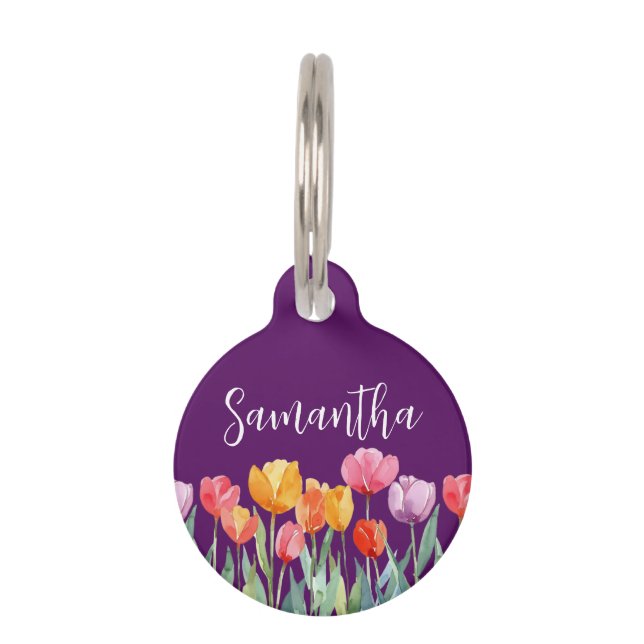 Monogram Tulips Spring Flowers Colourful & Cheerfu Pet Tag (Front)