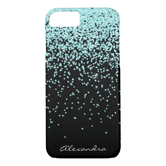 Monogram Turquoise and Black Glitter Sparkle Case-Mate iPhone Case (Back)
