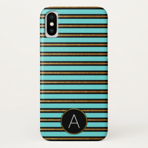 Monogram Turquoise, Black and Gold Foil Striped Case-Mate iPhone Case