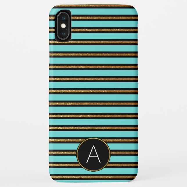 Monogram Turquoise, Black and Gold Foil Striped Case-Mate iPhone Case (Back)