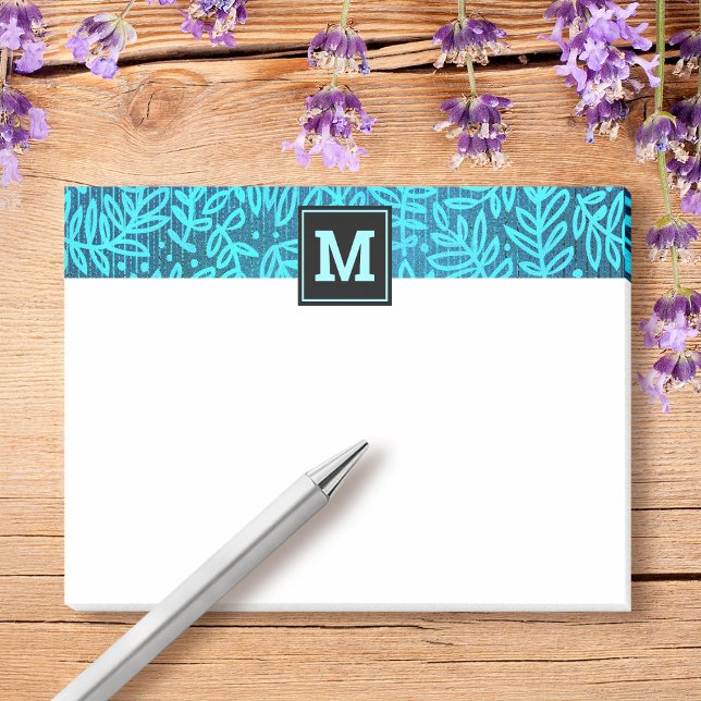 Monogram turquoise botanical leaf pattern modern post-it notes (Creator Uploaded)