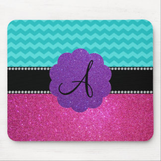 Monogram turquoise chevrons pink glitter mouse pad