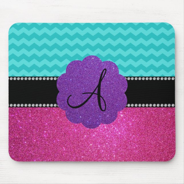 Monogram turquoise chevrons pink glitter mouse pad (Front)