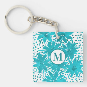 Monogram Turquoise Daisy Watercolor Bouquet        Key Ring