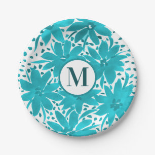 Monogram Turquoise Daisy Watercolor Bouquet Paper Plate