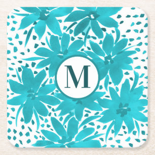 Monogram Turquoise Daisy Watercolor Bouquet Square Paper Coaster