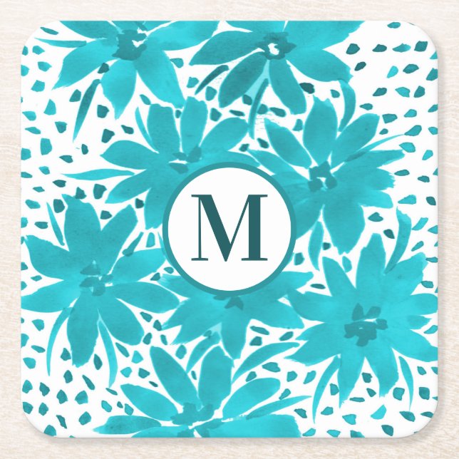 Monogram Turquoise Daisy Watercolor Bouquet    Square Paper Coaster (Front)