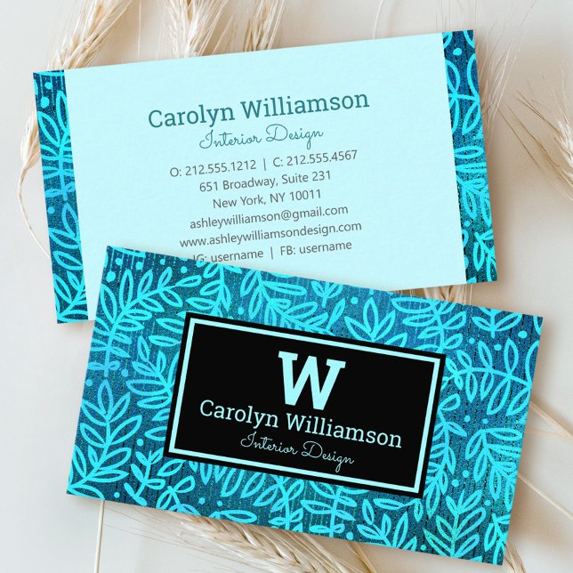 Monogram turquoise foliage leaf pattern modern business card (Creator Uploaded)