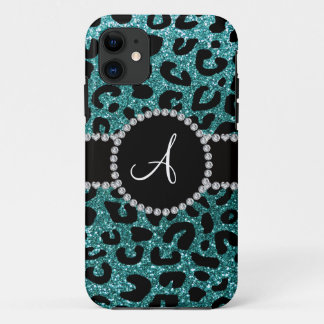 Monogram turquoise glitter cheetah pattern iPhone 11 case