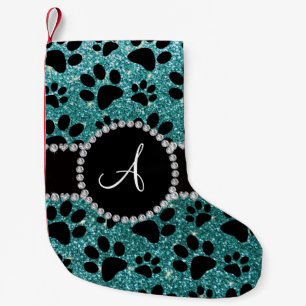 Monogram turquoise glitter dog paws small christmas stocking