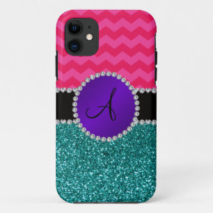 Monogram turquoise glitter hot pink chevrons iPhone 11 case