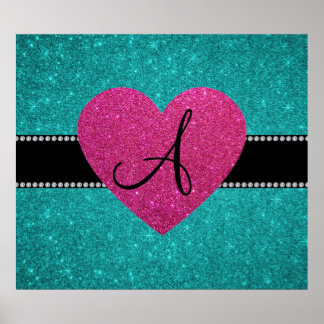 Monogram turquoise glitter pink heart poster