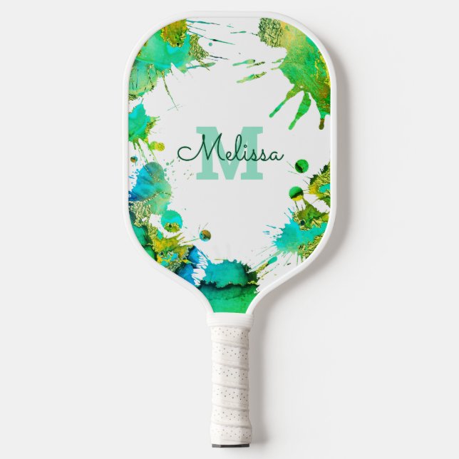 Monogram Turquoise Green Blue Splatter Watercolor Pickleball Paddle (Front)
