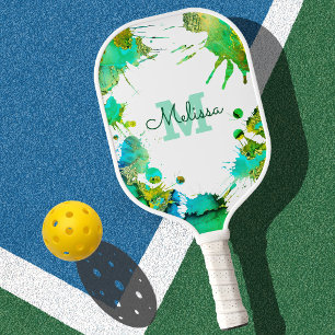 Monogram Turquoise Green Blue Splatter Watercolor Pickleball Paddle