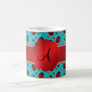 Monogram turquoise ladybugs hearts pattern coffee mug