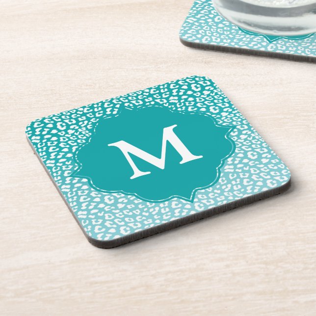 Monogram Turquoise Leopard Print Coaster (Left Side)