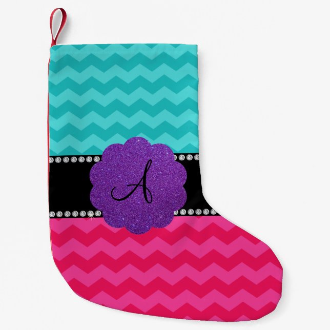 Monogram turquoise pink chevrons diamonds small christmas stocking (Front)