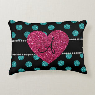Monogram turquoise polka dots pink heart decorative cushion