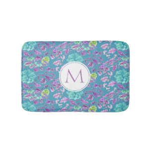 Monogram Turquoise Purple Floral Pattern  Bath Mat
