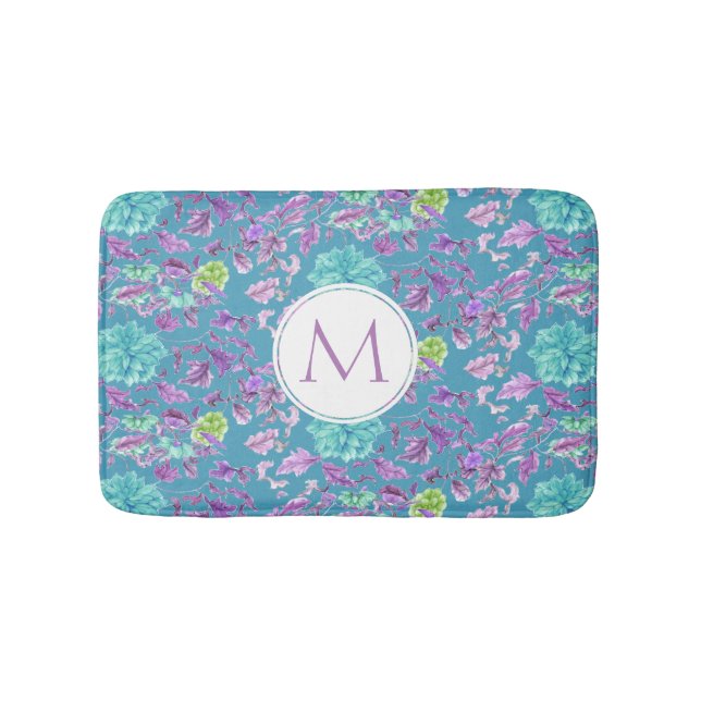 Monogram Turquoise Purple Floral Pattern  Bath Mat (Front)