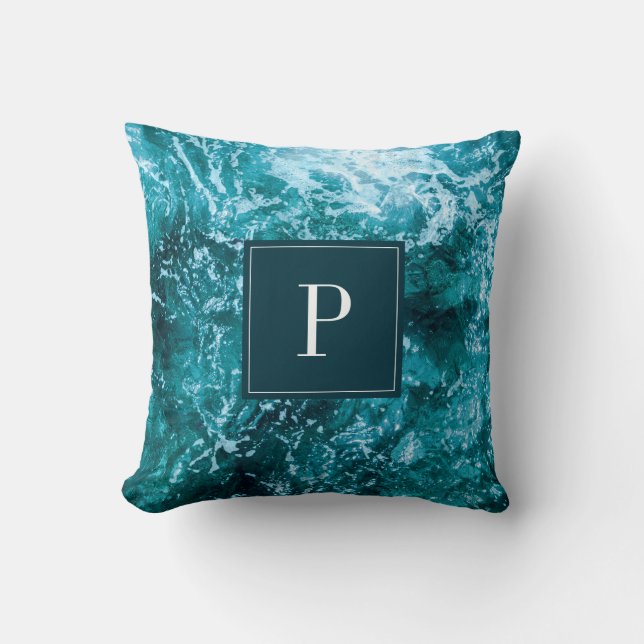 Monogram Turquoise Sea Waves Name Personalised Cushion (Front)