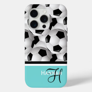 Monogram Turquoise Soccer Ball Pattern iPhone 15 Pro Case