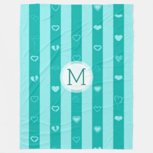Monogram Turquoise Stripes Modern Heart Pattern Fleece Blanket