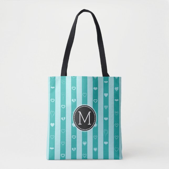 Monogram Turquoise Stripes Modern Heart Pattern Tote Bag (Front)