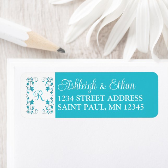 Monogram Turquoise, White Floral Wedding Address (Insitu)