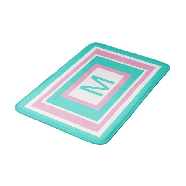 Monogram Turquoise White Pink Geometric Bath Mat (Angled)