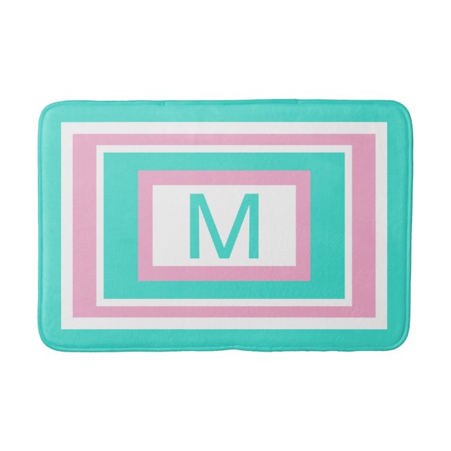 Monogram Turquoise White Pink Geometric Bath Mat (Front)