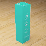 Monogram Turquoise White Wedding Wine Box<br><div class="desc">Pretty bright turquoise wedding favours for your bridal party and reception guests.  Personalise with the Bride and Grooms First Name Initials and Wedding Date in white text.  Thank You is written in white script on top of box.  Designs by TamiraZDesigns.</div>