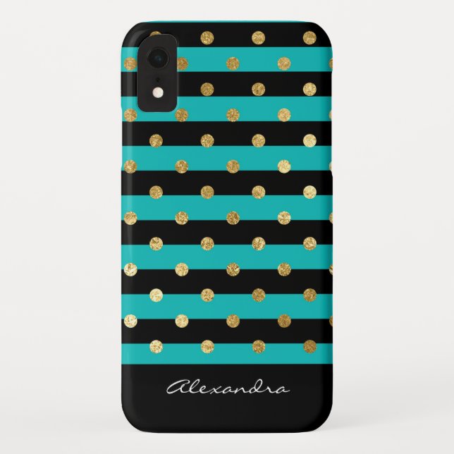 Monogram Turquoise with Black Stripes & Gold Foil Case-Mate iPhone Case (Back)