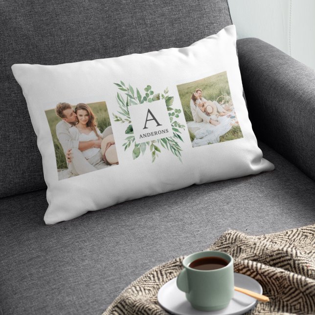 Monogram Two Photos | Personalised Greenery Frame Lumbar Cushion (Creator Uploaded)