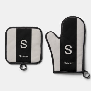 Monogram Two Tone Modern Black and Grey Oven Mitt & Pot Holder Set