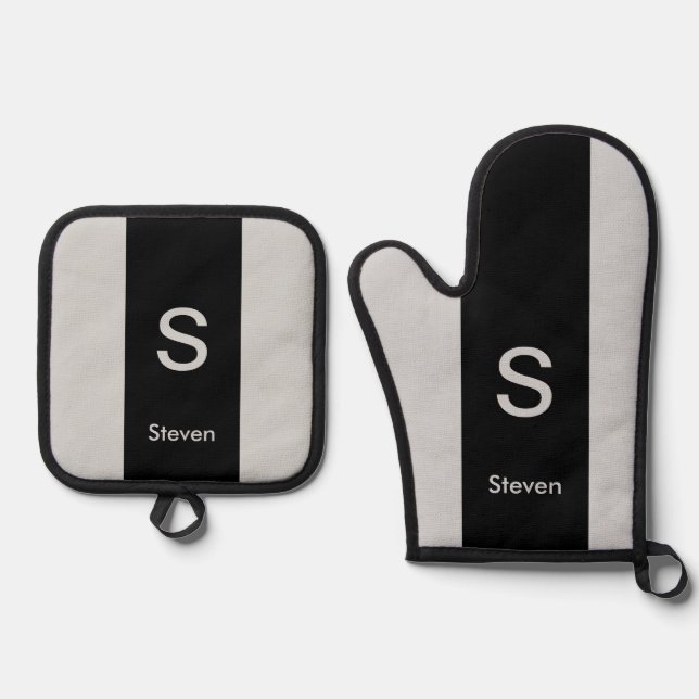 Monogram Two Tone Modern Black and Grey Oven Mitt & Pot Holder Set (Front)