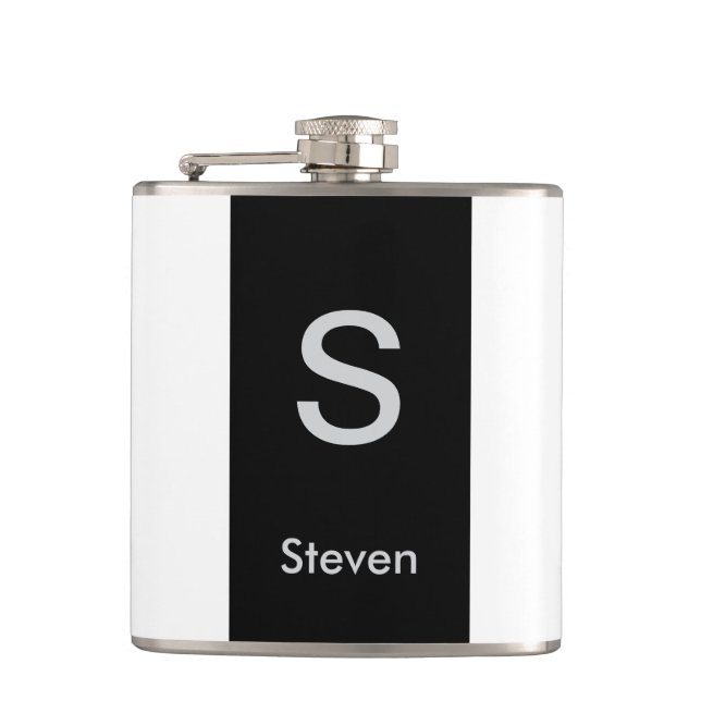 Monogram Two Tone Modern Black and White Hip Flask (Front)